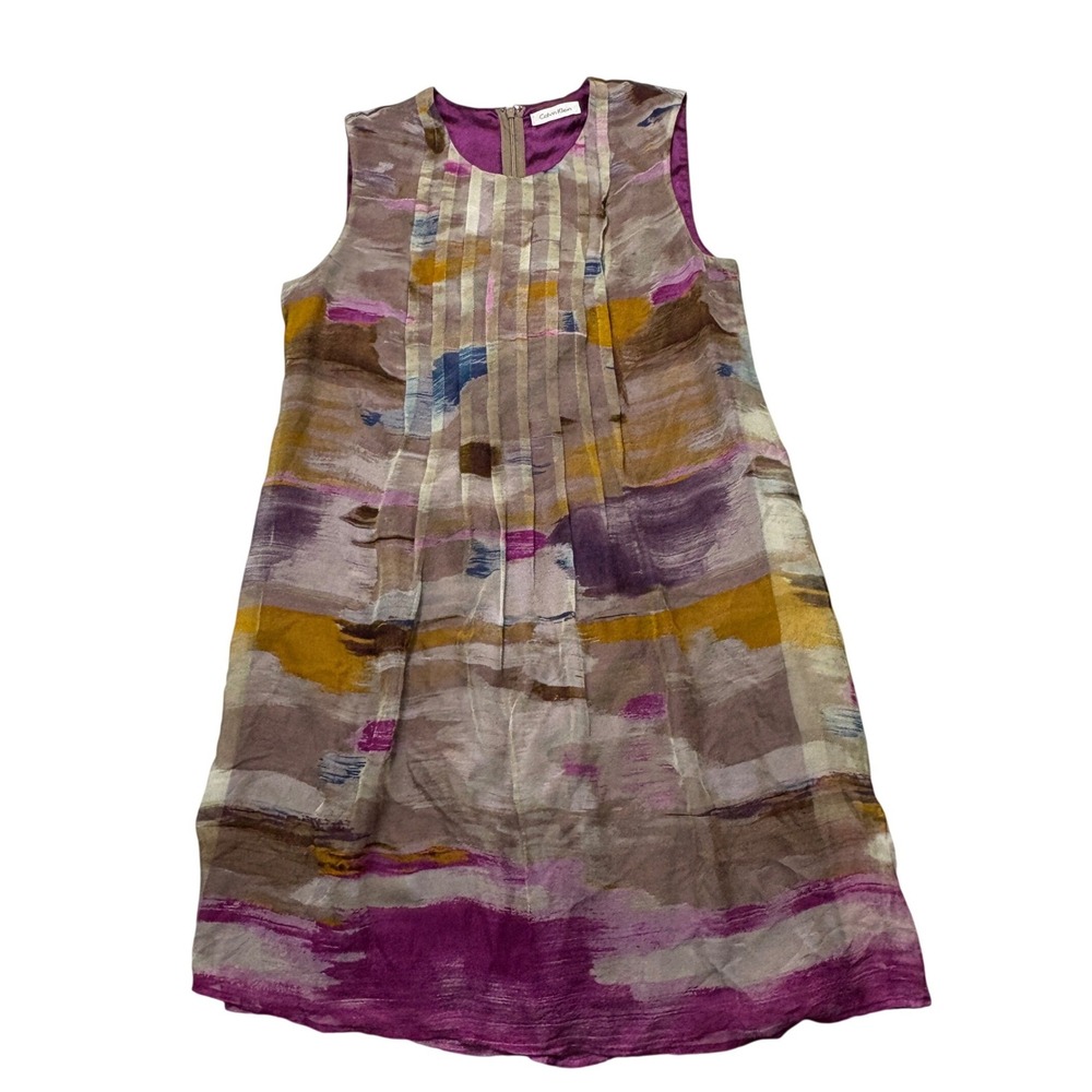Calvin Klein Size 6 Silk Chiffon Shift Dress Multicolor Abstract Pastel Pleated